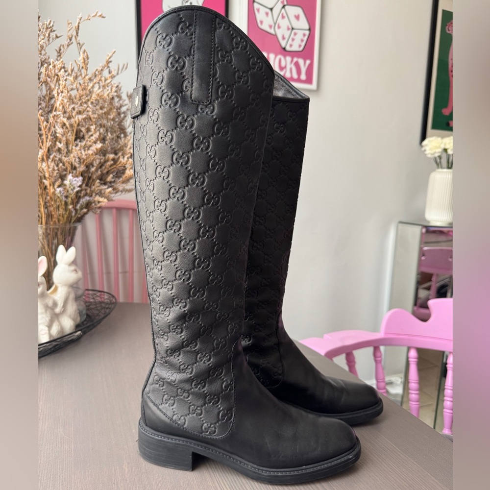 Gucci Black Leather monogram boots with Silver Hardware
